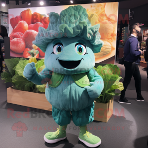 Teal Cabbage mascot costume character dressed with a Leggings and Caps