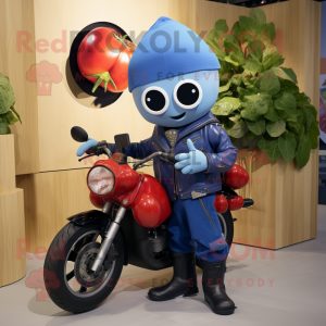 Blue Tomato mascot costume character dressed with a Biker Jacket and Brooches