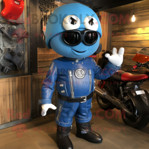 Blue Tomato mascot costume character dressed with a Biker Jacket and Brooches