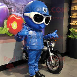 Blue Tomato mascot costume character dressed with a Biker Jacket and Brooches