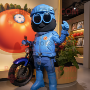 Blue Tomato mascot costume character dressed with a Biker Jacket and Brooches