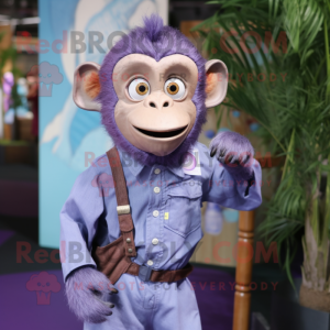 Purple Capuchin Monkey mascot costume character dressed with a Chambray Shirt and Scarf clips