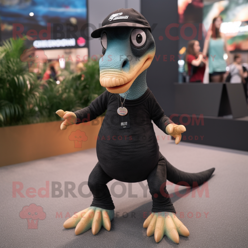 Black Coelophysis mascot costume character dressed with a Mini Skirt and Beanies