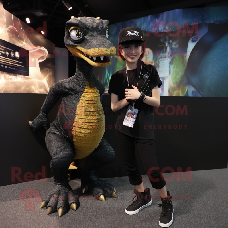 Black Coelophysis mascot costume character dressed with a Mini Skirt and Beanies Black Coelophysis mascot costume character dressed with a Mini Skirt and Beanies
