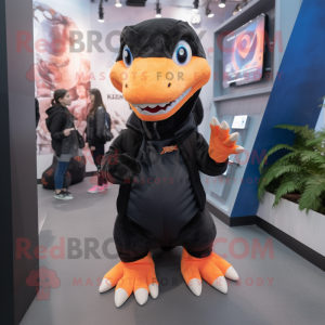 Black Coelophysis mascot costume character dressed with a Mini Skirt and Beanies