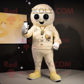 Cream Champagne mascot costume character dressed with a Jumpsuit and Smartwatches
