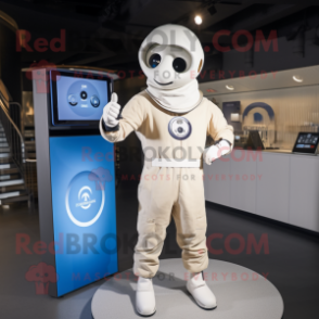 Cream Champagne mascot costume character dressed with a Jumpsuit and Smartwatches