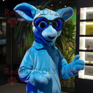 Blue Kangaroo mascot costume character dressed with a Jumpsuit and Eyeglasses