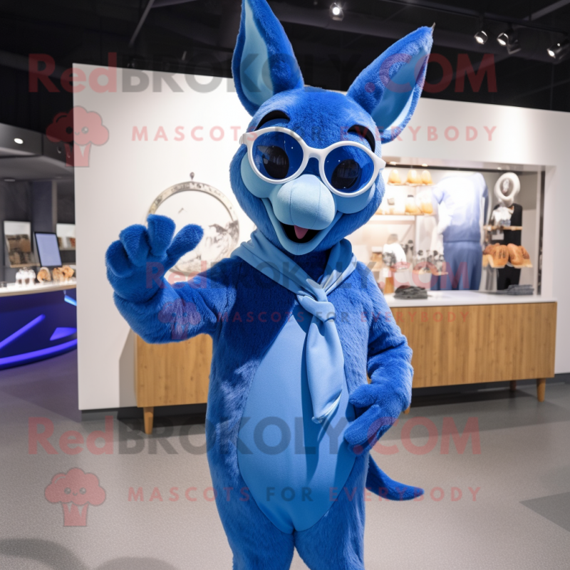 Blue Kangaroo mascot costume character dressed with a Jumpsuit and Eyeglasses