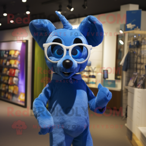 Blue Kangaroo mascot costume character dressed with a Jumpsuit and Eyeglasses