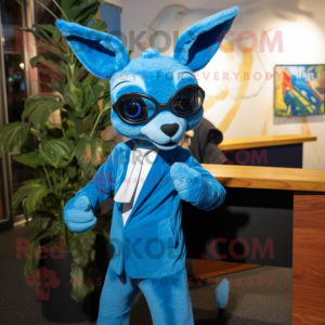Blue Kangaroo mascot costume character dressed with a Jumpsuit and Eyeglasses
