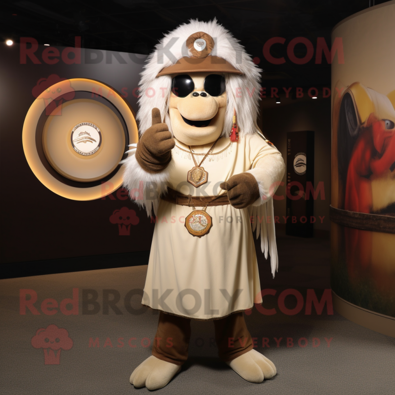 Beige Chief mascot costume character dressed with a Henley Shirt and Rings