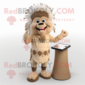 Beige Chief mascot costume character dressed with a Henley Shirt and Rings