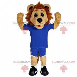 Brązowy lew maskotka w niebieskiej odzieży sportowej -
