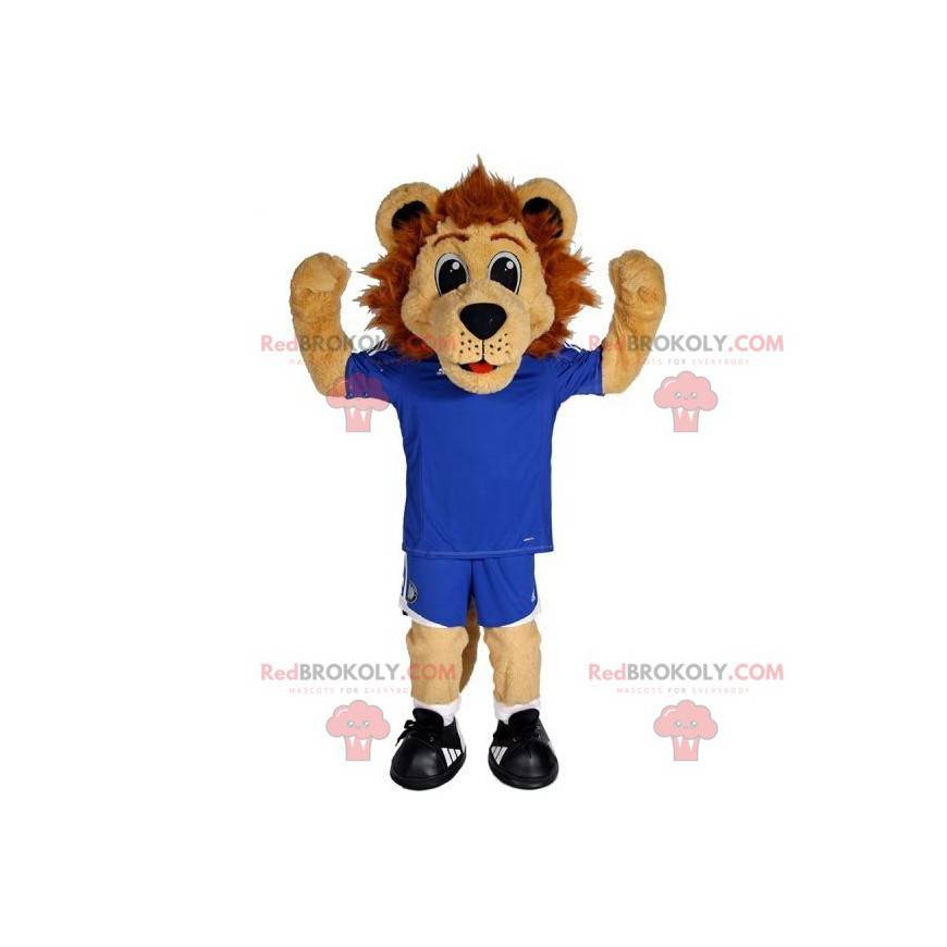 Brązowy lew maskotka w niebieskiej odzieży sportowej -
