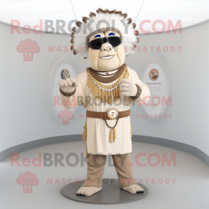 Beige Chief mascot costume character dressed with a Henley Shirt and Rings