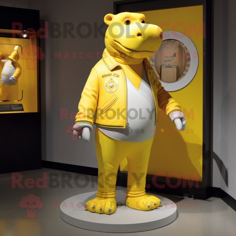 Yellow Hippopotamus mascot costume character dressed with a Henley Tee and Rings Yellow Hippopotamus mascot costume character dressed with a Henley Tee and Rings