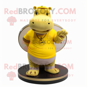 Yellow Hippopotamus mascot costume character dressed with a Henley Tee and Rings