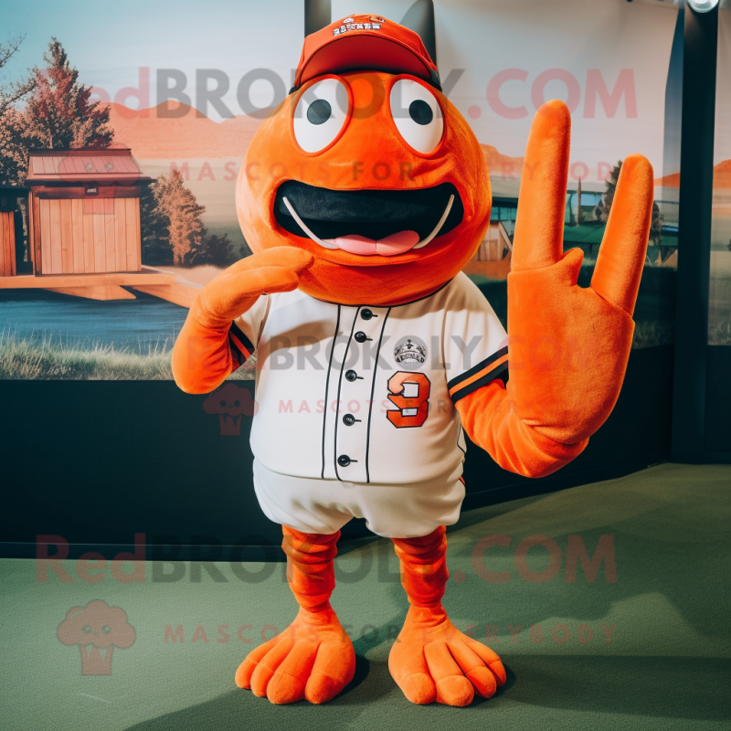 Orange Lobster mascot costume character dressed with a Baseball Tee and Keychains Orange Lobster mascot costume character dressed with a Baseball Tee and Keychains