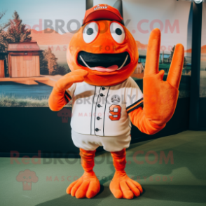 Orange Lobster mascot costume character dressed with a Baseball Tee and Keychains