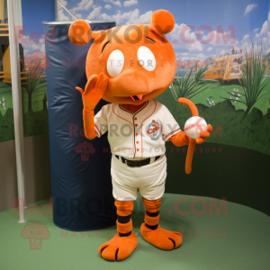 Orange Lobster mascot costume character dressed with a Baseball Tee and Keychains