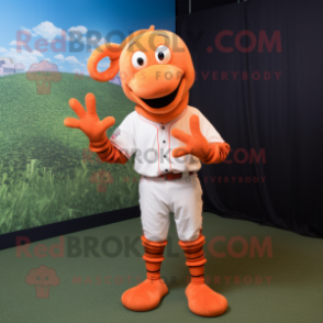 Orange Lobster mascot costume character dressed with a Baseball Tee and Keychains