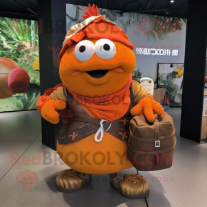 Rust Mandarin mascot costume character dressed with a Wrap Skirt and Backpacks