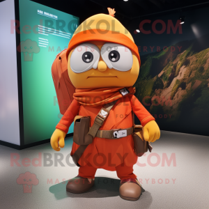 Rust Mandarin mascot costume character dressed with a Wrap Skirt and Backpacks