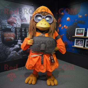 Rust Mandarin mascot costume character dressed with a Wrap Skirt and Backpacks