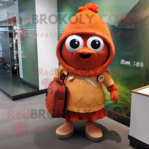 Rust Mandarin mascot costume character dressed with a Wrap Skirt and Backpacks