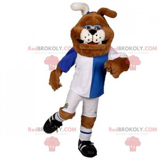 Hnědý a bílý buldok pes maskot ve sportovním oblečení -