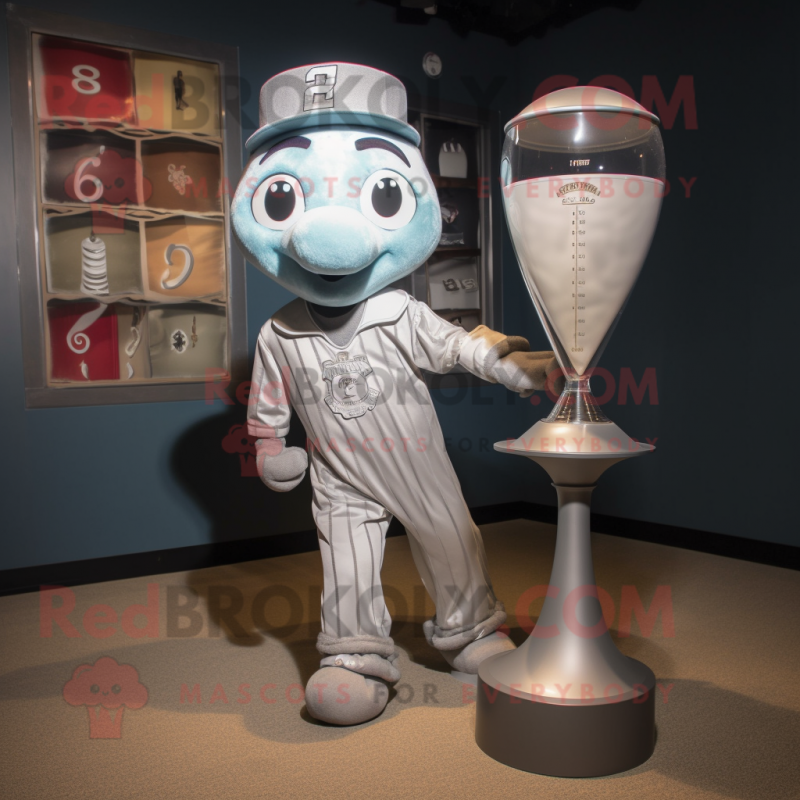 Silver Hourglass mascot costume character dressed with a Baseball Tee and Tie pins Silver Hourglass mascot costume character dressed with a Baseball Tee and Tie pins