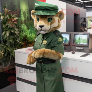 Forest Green Puma mascot costume character dressed with a Pencil Skirt and Berets