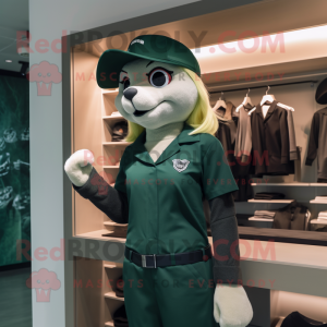 Forest Green Puma mascot costume character dressed with a Pencil Skirt and Berets