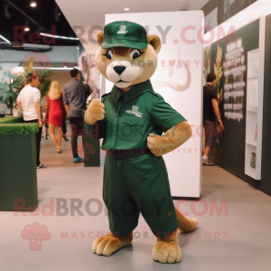Forest Green Puma mascot costume character dressed with a Pencil Skirt and Berets