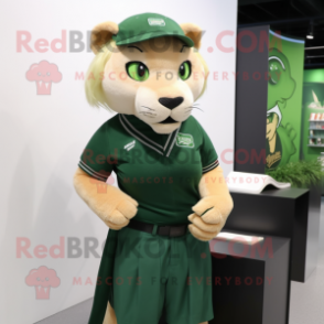 Forest Green Puma mascot costume character dressed with a Pencil Skirt and Berets