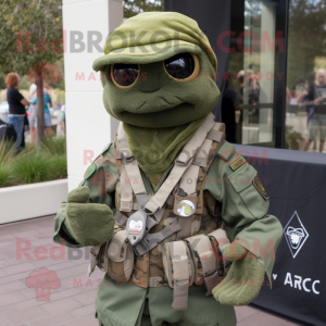 Olive Marine Recon mascot costume character dressed with a V-Neck Tee and Scarf clips