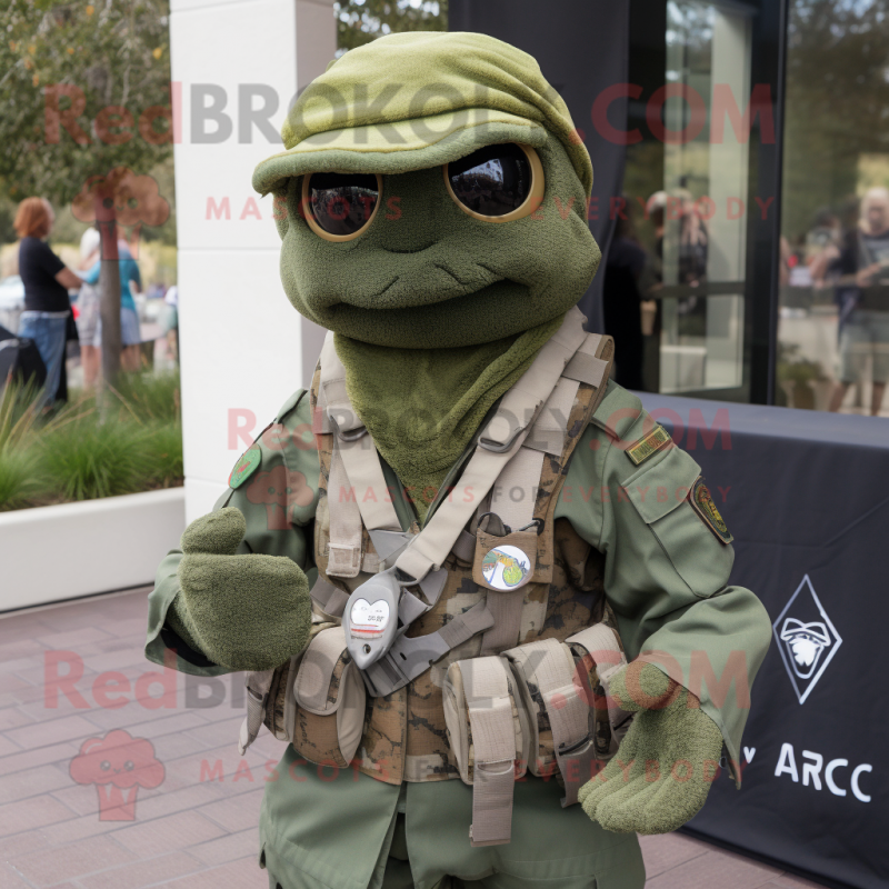 Olive Marine Recon mascot costume character dressed with a V-Neck Tee and Scarf clips