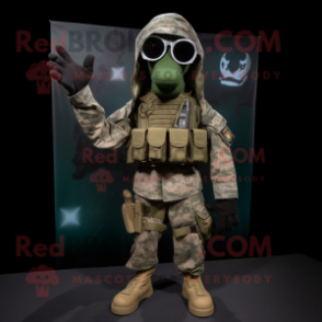 Olive Marine Recon mascot costume character dressed with a V-Neck Tee and Scarf clips