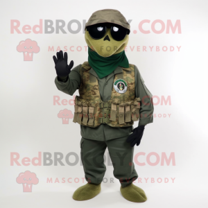 Olive Marine Recon mascot costume character dressed with a V-Neck Tee and Scarf clips