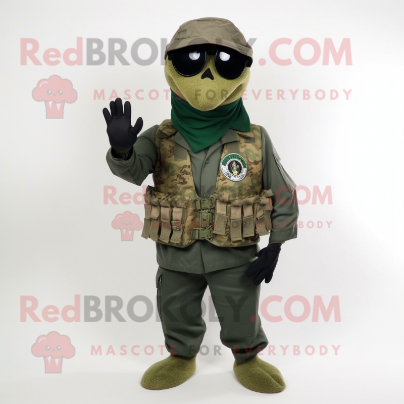 Olive Marine Recon mascot costume character dressed with a V-Neck Tee and Scarf clips Olive Marine Recon mascot costume character dressed with a V-Neck Tee and Scarf clips