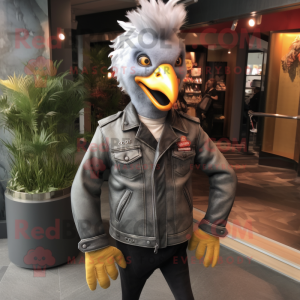 Gray Butter Chicken mascot costume character dressed with a Leather Jacket and Lapel pins