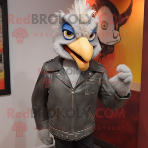 Gray Butter Chicken mascot costume character dressed with a Leather Jacket and Lapel pins