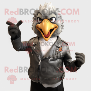 Gray Butter Chicken mascot costume character dressed with a Leather Jacket and Lapel pins