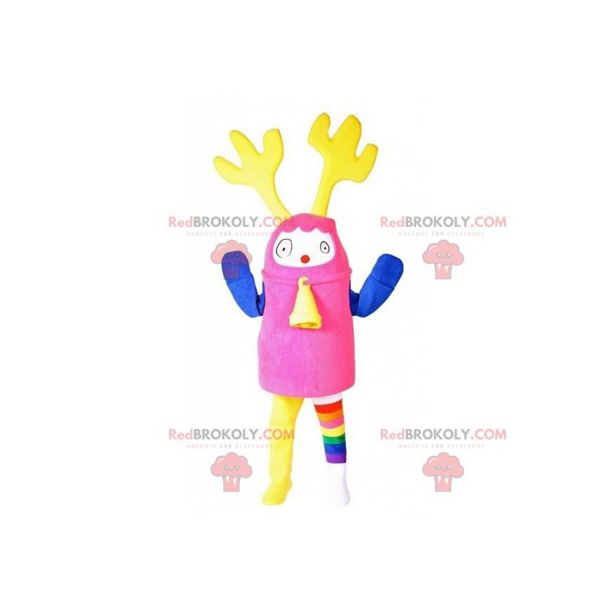 Colorful snowman mascot with yellow antlers and a bell -