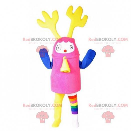 Colorful snowman mascot with yellow antlers and a bell -
