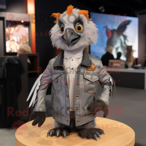 Gray Butter Chicken mascot costume character dressed with a Leather Jacket and Lapel pins