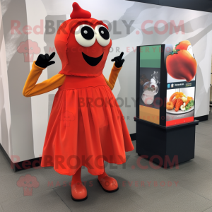 Rust Pepper mascot costume character dressed with a Midi Dress and Shoe clips