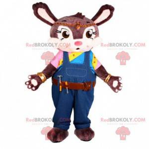 Gray and white rabbit mascot with overalls and tools -