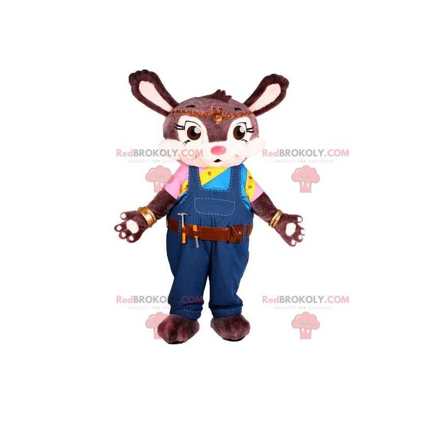 Gray and white rabbit mascot with overalls and tools -